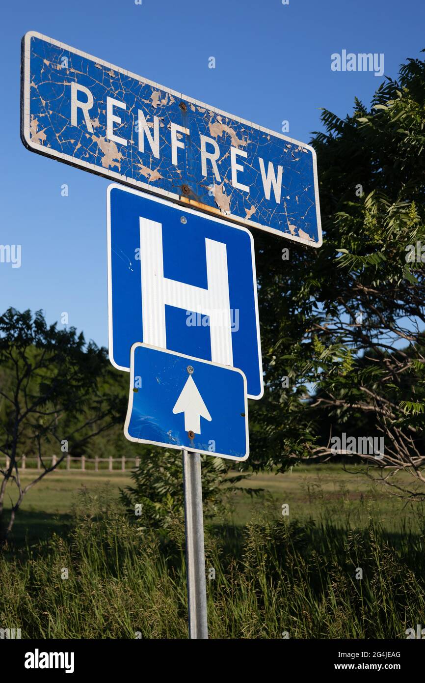 Renfrew, Ontario, Canada June 16, 2021 Renfrew blue city sign with