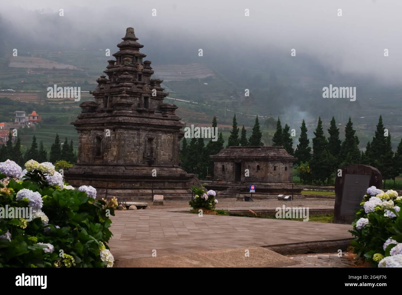 Beautiful view of Arjuna and Semar temples in the Dieng temple compound, Indonesia Stock Photo