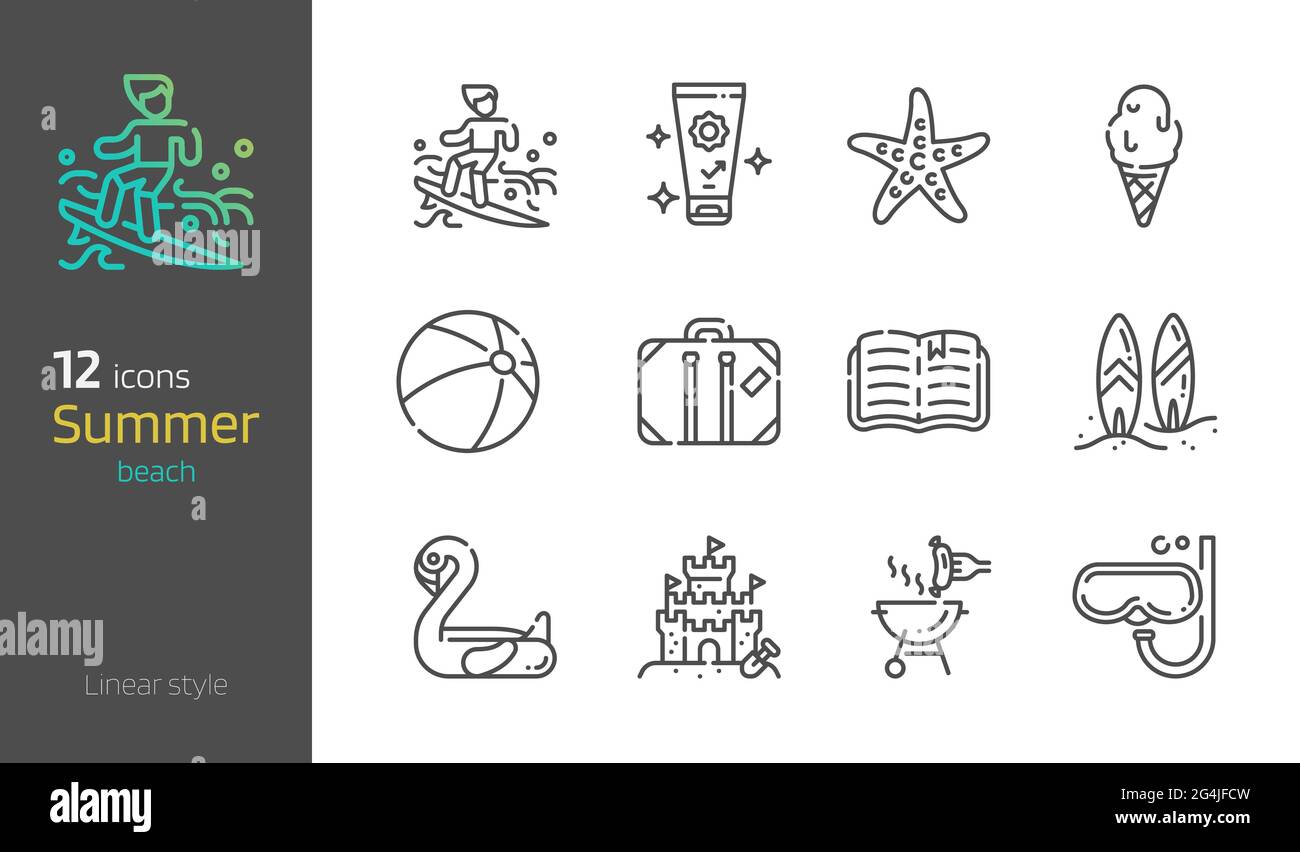 Summer beach thin linear icon set vector illustration. Stock Vector
