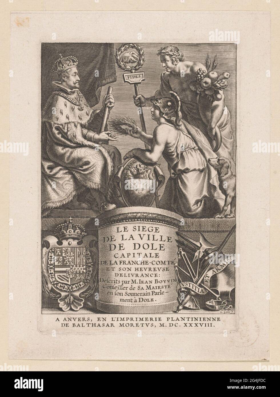 The city Dole hands over Philip IV a wreath; Title page for: J. Boyvin, Le Siege de la Ville de Dole, Antwerp: 1638 .. The personification of the city Dole, a kneeling woman with the city weapa, hand over Philip IV a wreath of ears of corn. Philip IV receives the wreath, he sits on a throne with a command stove in his hand. Behind the city Dole is a young man who symbolizes the recovery of the city after siege. Under the arm of the house Habsburg and on the right the motto of the city of Dole: Iustitia et Armis. Stock Photo