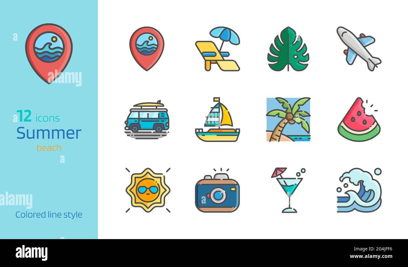 Summer beach colored line detailed icon set vector illustration. Stock Vector