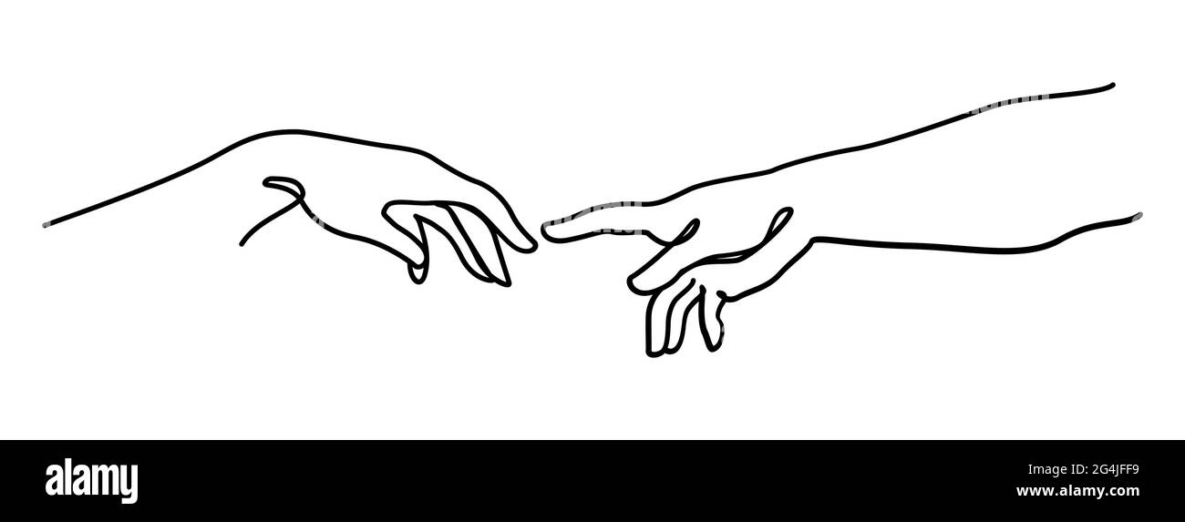 Two hands connection and relationship concept vector illustration. Creativity of Adam and god hand hand drawn continuous line art Stock Vector