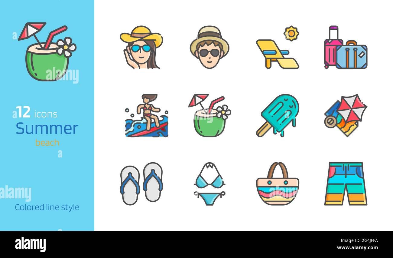 Summer beach colored line detailed icon set vector illustration. Stock Vector