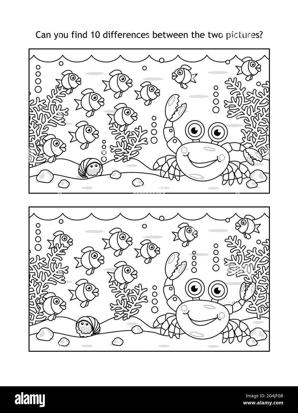 Find ten differences underwater visual puzzle and coloring page, sea life, black and white, suitable both for kids and adults Stock Photo