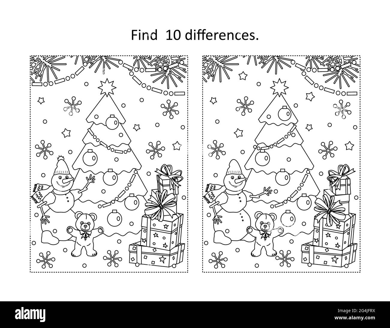 Winter holidays, New Year or Christmas find the ten differences picture puzzle and coloring page with christmas tree, tedyy bear, snowman, gift boxes Stock Photo