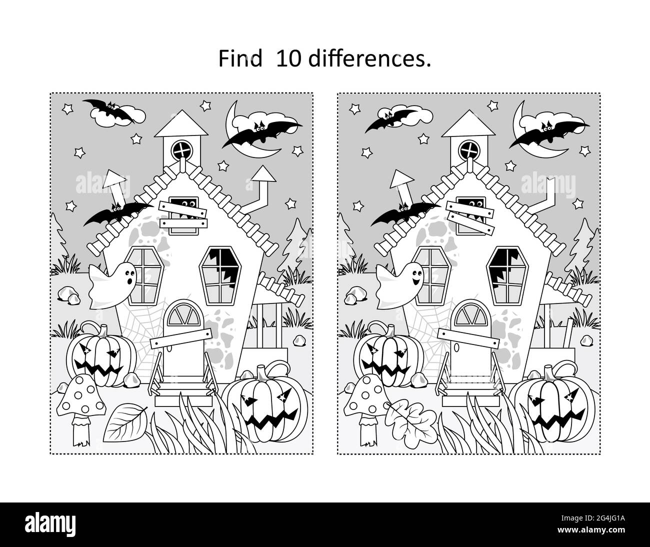 Find 10 differences visual puzzle and coloring page with Halloween haunted house Stock Photo