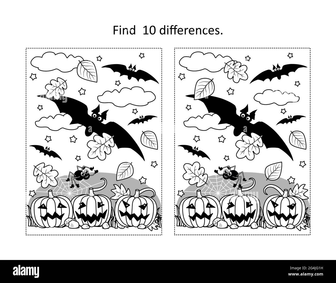 Find 10 differences visual puzzle and coloring page with Halloween bats fly above the pumpkin field Stock Photo