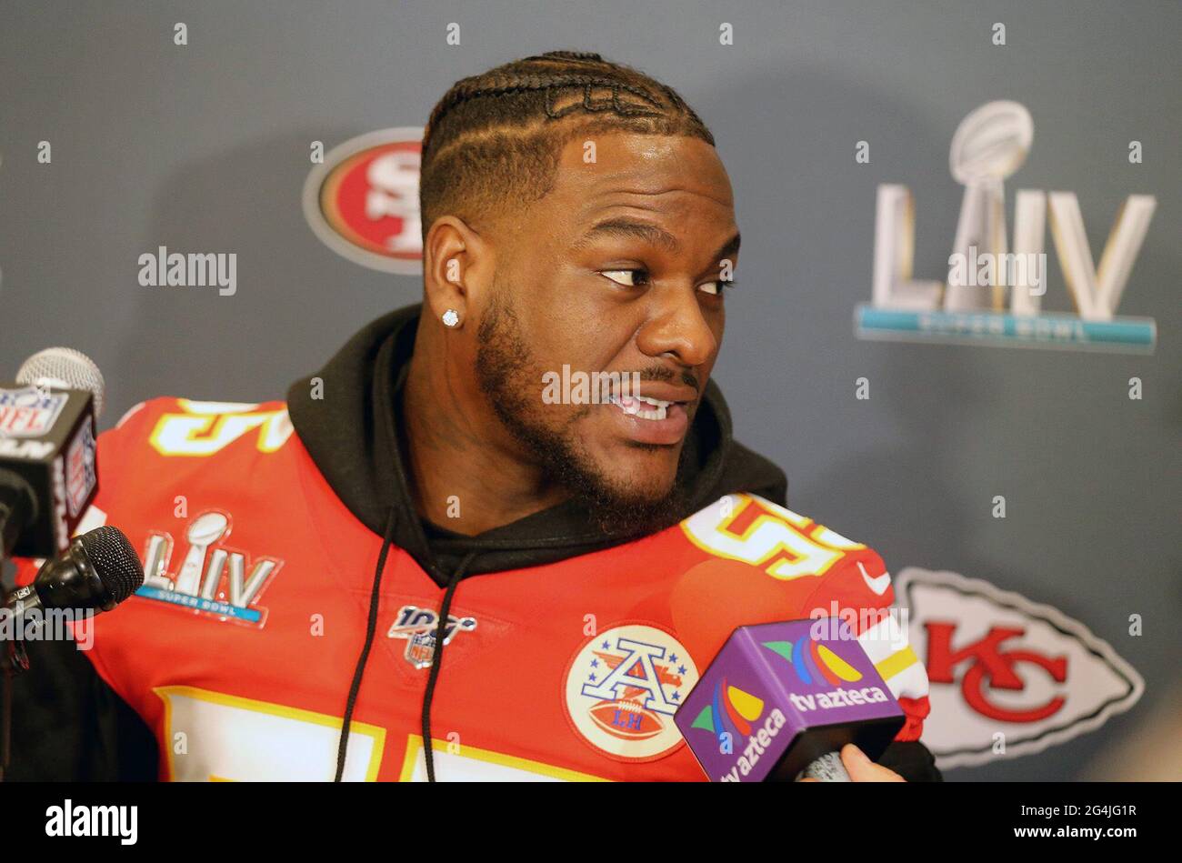 Aventura, USA. 28th Jan, 2020. Kansas City Chiefs defensive end Frank Clark is interviewed by the media as the Chiefs prepare to play the San Francisco 49ers in Super Bowl LIV, on Jan. 28, 2020 Aventura, Fla. (Photo by Charles Trainor Jr./Miami Herald/TNS/Sipa USA) Credit: Sipa USA/Alamy Live News Stock Photo