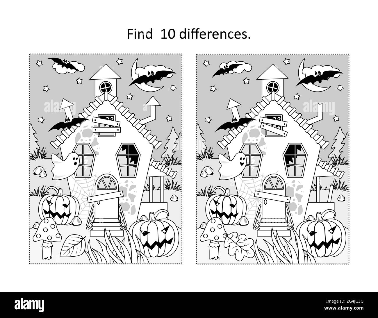 Find 10 differences visual puzzle and coloring page with Halloween haunted house Stock Vector
