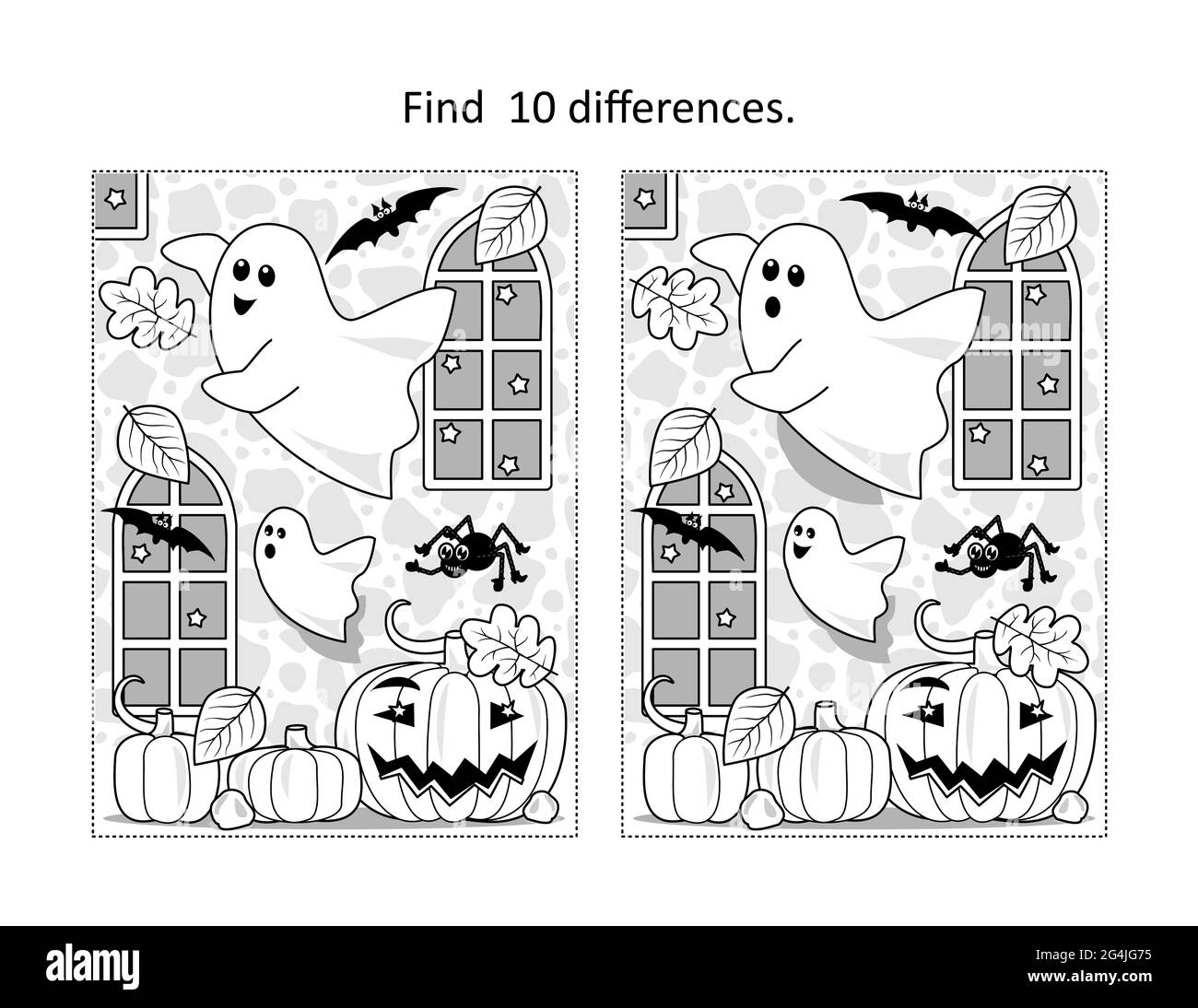 Find 10 differences visual puzzle and coloring page with Halloween ghosts playing in old castle interior Stock Photo