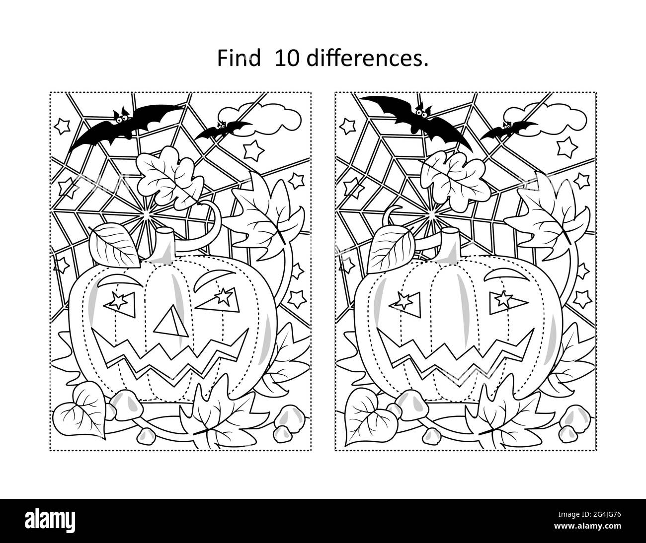 Find 10 differences visual puzzle and coloring page with Halloween pumpkin, bats, spiderweb Stock Photo