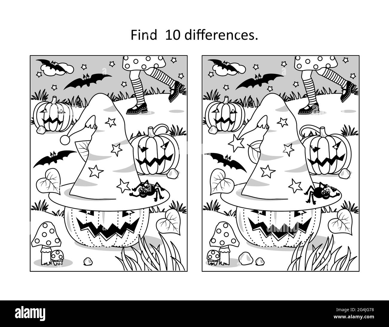 Halloween find 10 differences visual puzzle and coloring page with little witch chasing her hat, pumpkins, bats, spider Stock Photo
