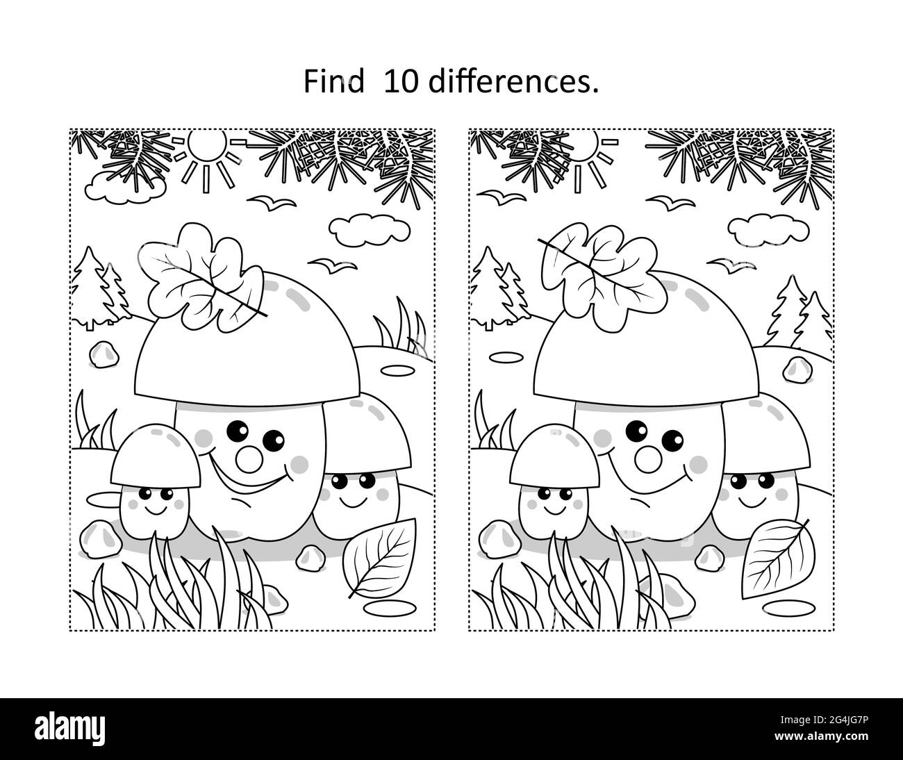 Find 10 differences visual puzzle  and coloring page with three mushrooms in autumn Stock Photo