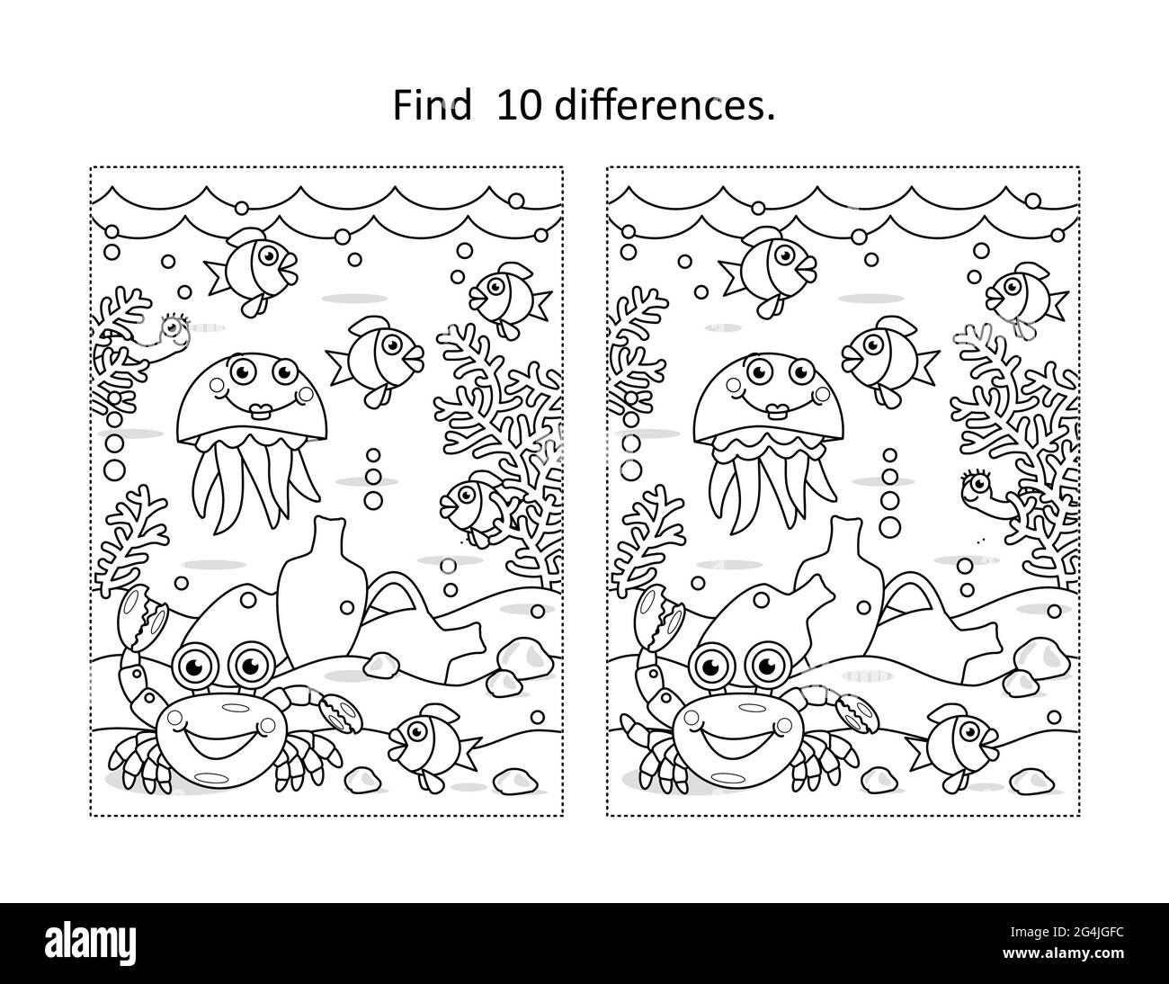 Find ten differences activity page with underwater life scene and amphorae Stock Photo
