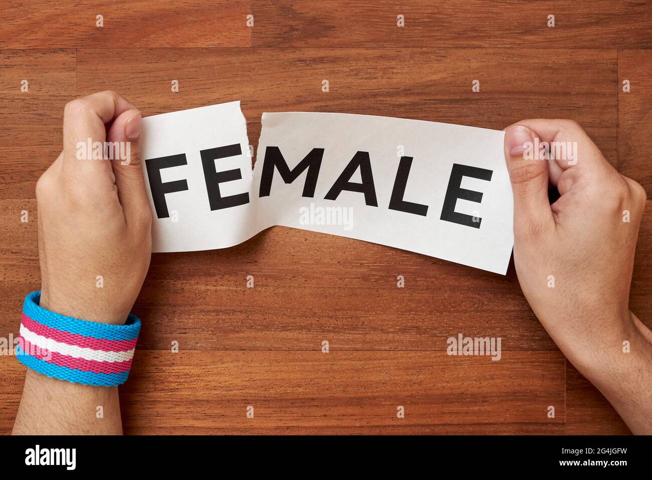 Hands tearing the word female, leaving male, wearing a trans pride flag bracelet. Conceptual image about gender identity and transgender. Wood backgro Stock Photo