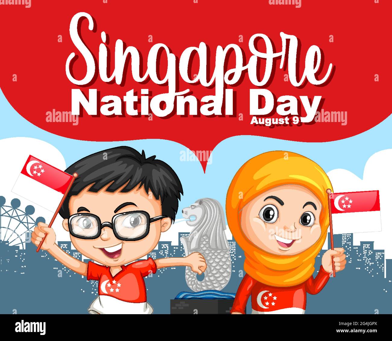 Singapore National Day banner with children hold Singapore flag cartoon  character illustration Stock Vector Image & Art - Alamy