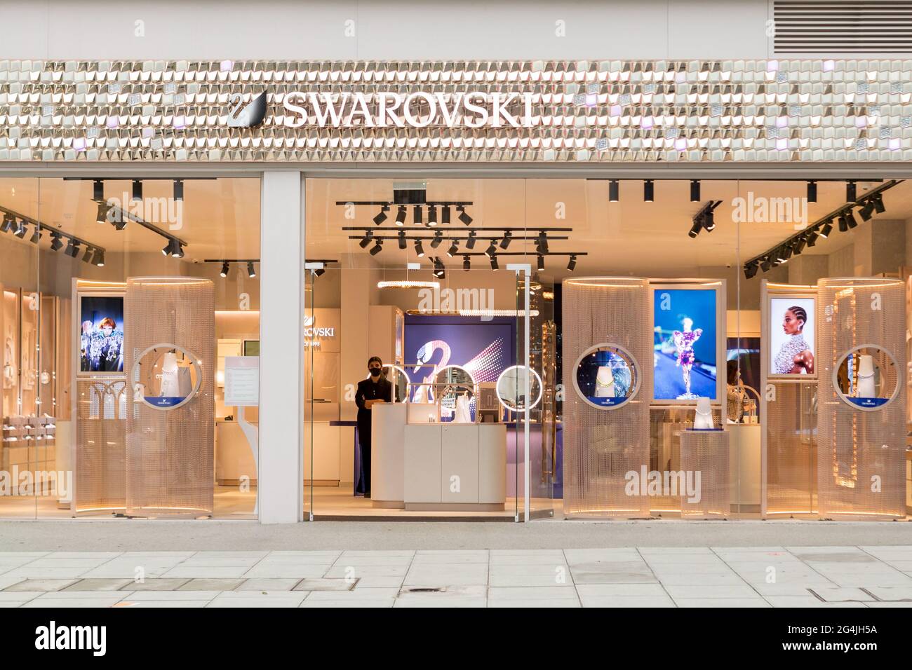 Swarovski logo is seen at one of their stores on Oxford Street in London.  (Photo by Belinda Jiao / SOPA Images/Sipa USA Stock Photo - Alamy