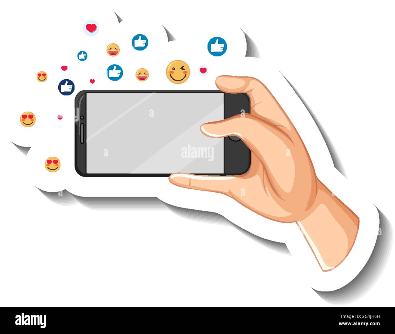 A sticker template of hand holding smart phone with social emoji icon