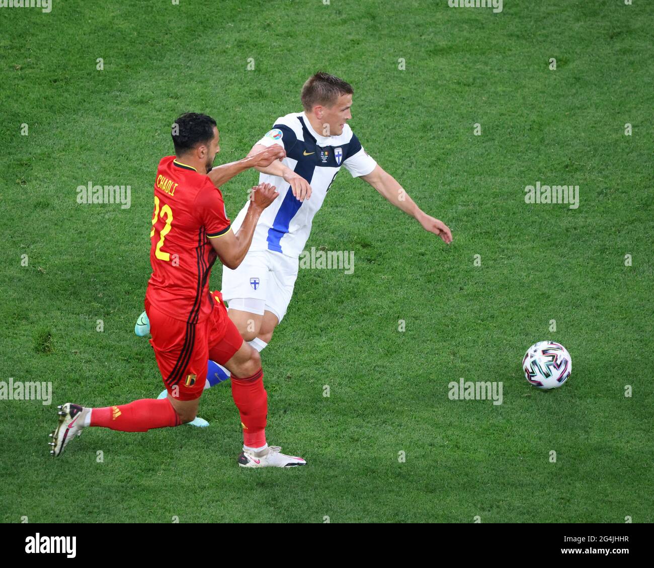 Saint Petersburg, Russia. 21st June, 2021. Nacer Chadli (22) of Belgium and Robin Lod (8) of Finland are seen in action during the European championship EURO 2020 between Belgium and Finland at Gazprom Arena.(Final Score; Finland 0:2 Belgium). (Photo by Maksim Konstantinov/SOPA Images/Sipa USA) Credit: Sipa USA/Alamy Live News Stock Photo