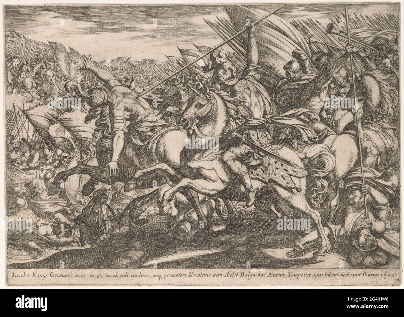 Attack of the cavalry with two men pierced by spears; Combat scenes (series 3). A fierce battle between soldiers on horseback with spears. Two soldiers are pierced in the foreground. Stock Photo
