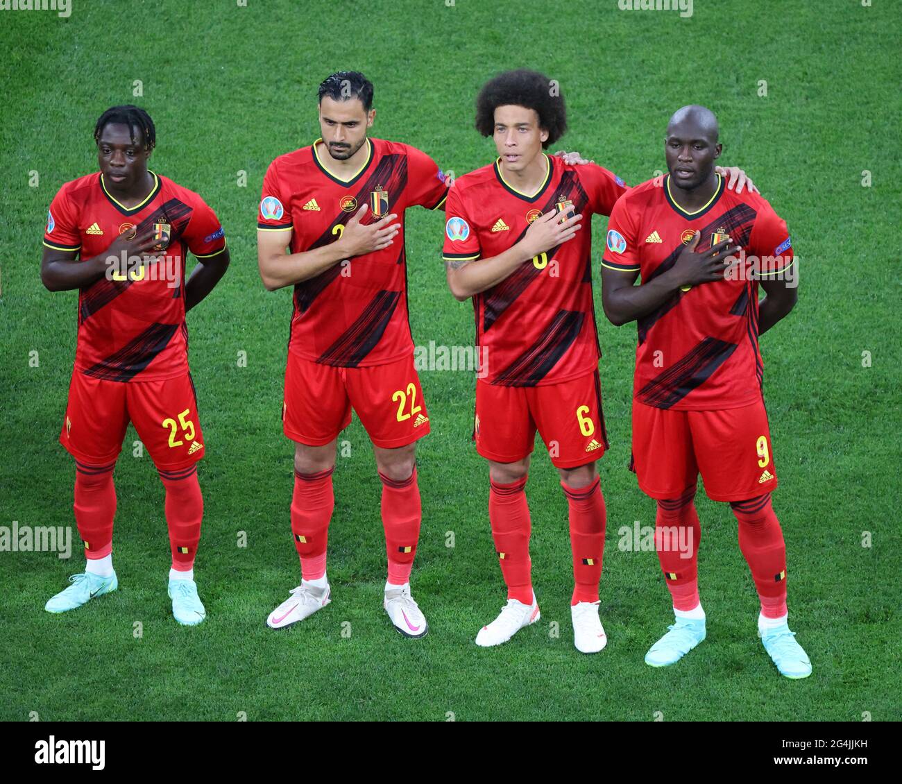 Saint Petersburg, Russia. 21st June, 2021. Jeremy Doku (25), Nacer Chadli (22), Axel Witsel (6) and Romelu Lukaku (9) of Belgium are seen during the European championship EURO 2020 between Belgium and Finland at Gazprom Arena.(Final Score; Finland 0:2 Belgium). Credit: SOPA Images Limited/Alamy Live News Stock Photo