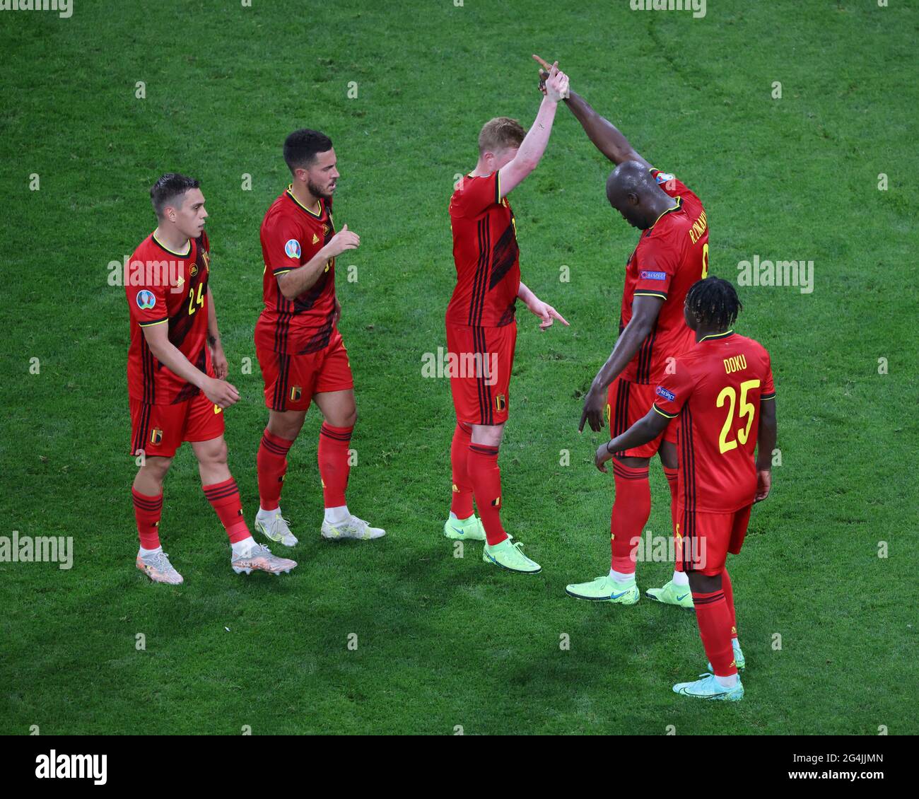 Saint Petersburg, Russia. 21st June, 2021. Romelu Lukaku (9) and Kevin De Bruyne (7) of Belgium are seen during the European championship EURO 2020 between Belgium and Finland at Gazprom Arena.(Final Score; Finland 0:2 Belgium). Credit: SOPA Images Limited/Alamy Live News Stock Photo