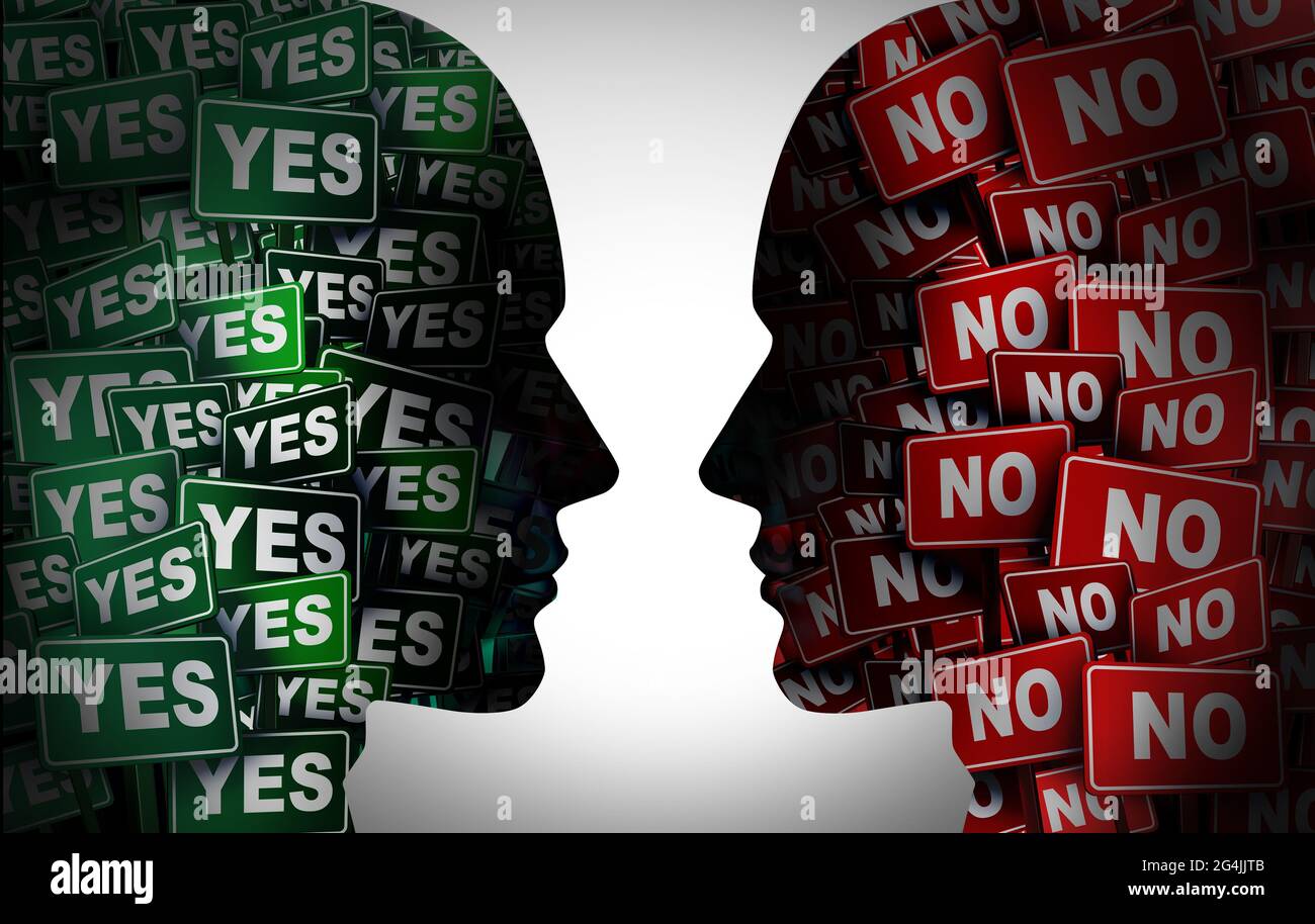 Yes or no concept or political election choice disagreement or opposing opinions and idea conflict as two people that disagree on how to proceed. Stock Photo