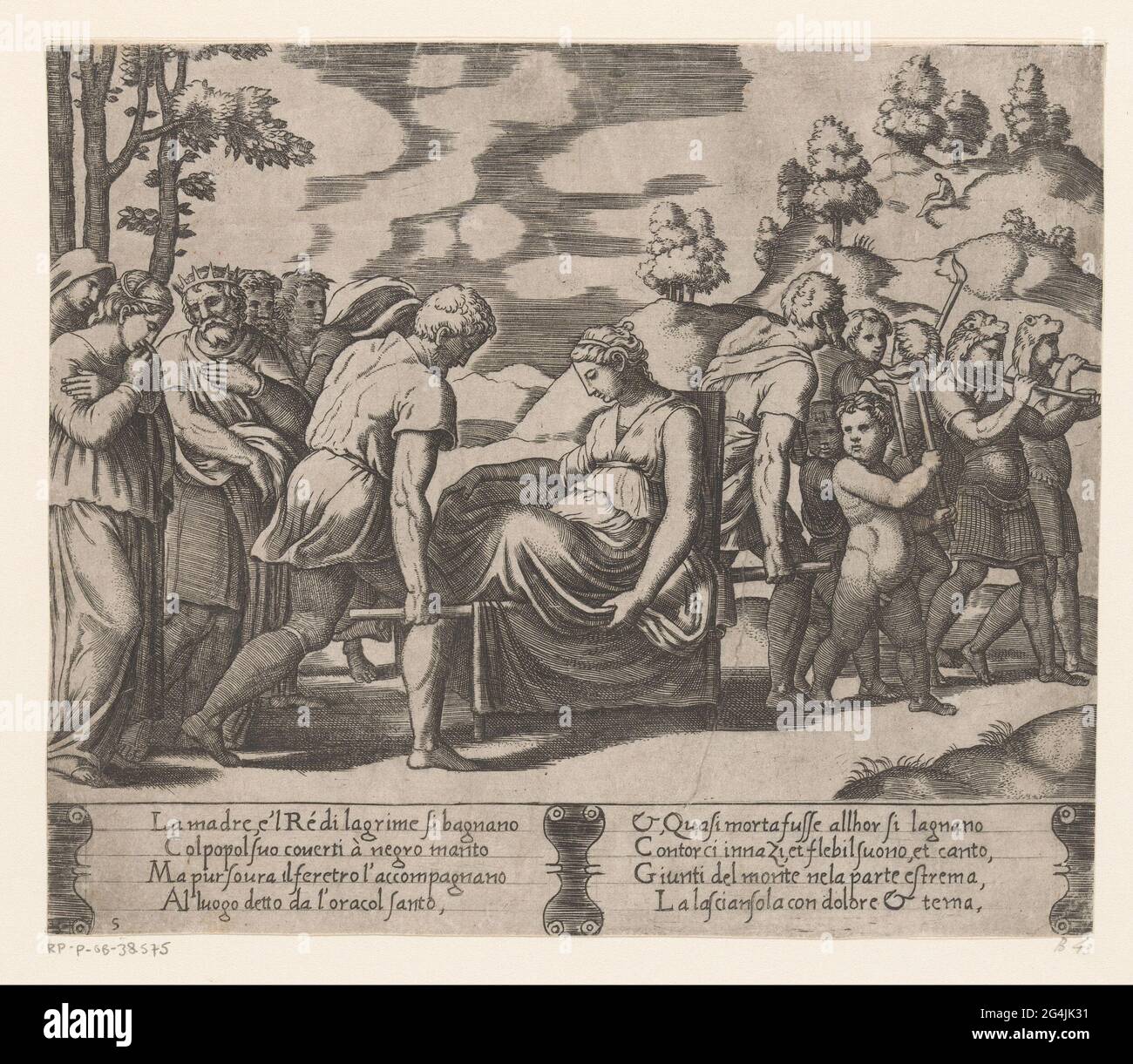 Psyche is worn to a mountain; Story of Amor and Psyche. On advice from Apollo, the King Daughter is worn to a mountain where she will only be left behind. Frontly, children with torches and two musicians walk with trumpets. At the back the grieving parents of Psyche walk. On the right in the background is the mountain. Italian text in two cartouches in undermarge. Twice numbered bottom left: 5. Stock Photo