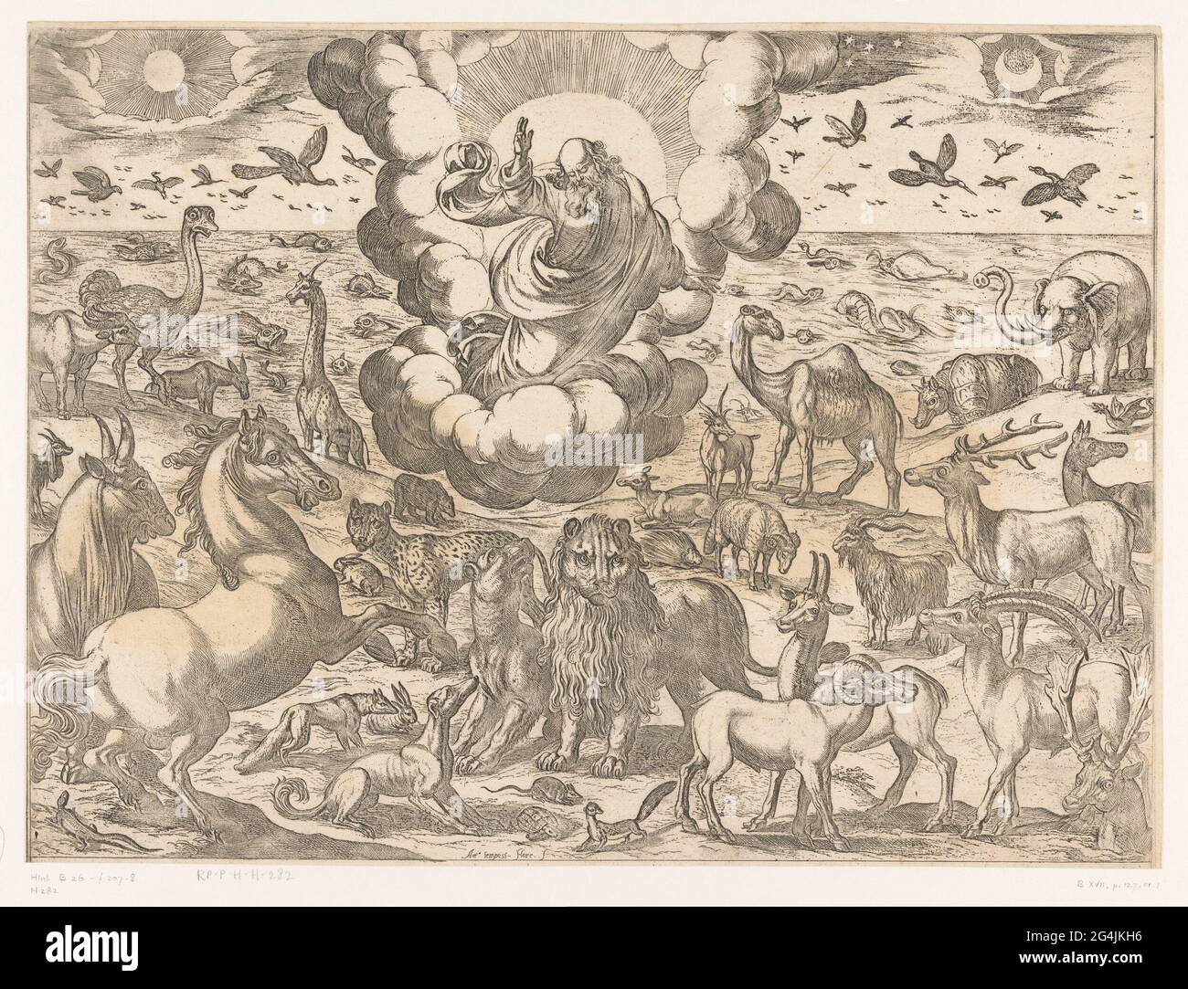 God creates the animals. God The Father makes a blessing gesture and floats on clouds. It is surrounded by animals. Birds float in the air, swimming animals in the water and the God creates the animals. God The Father makes a blessing gesture and floats on clouds. It is surrounded by animals. Birds float in the air, swimming animals in the water and the