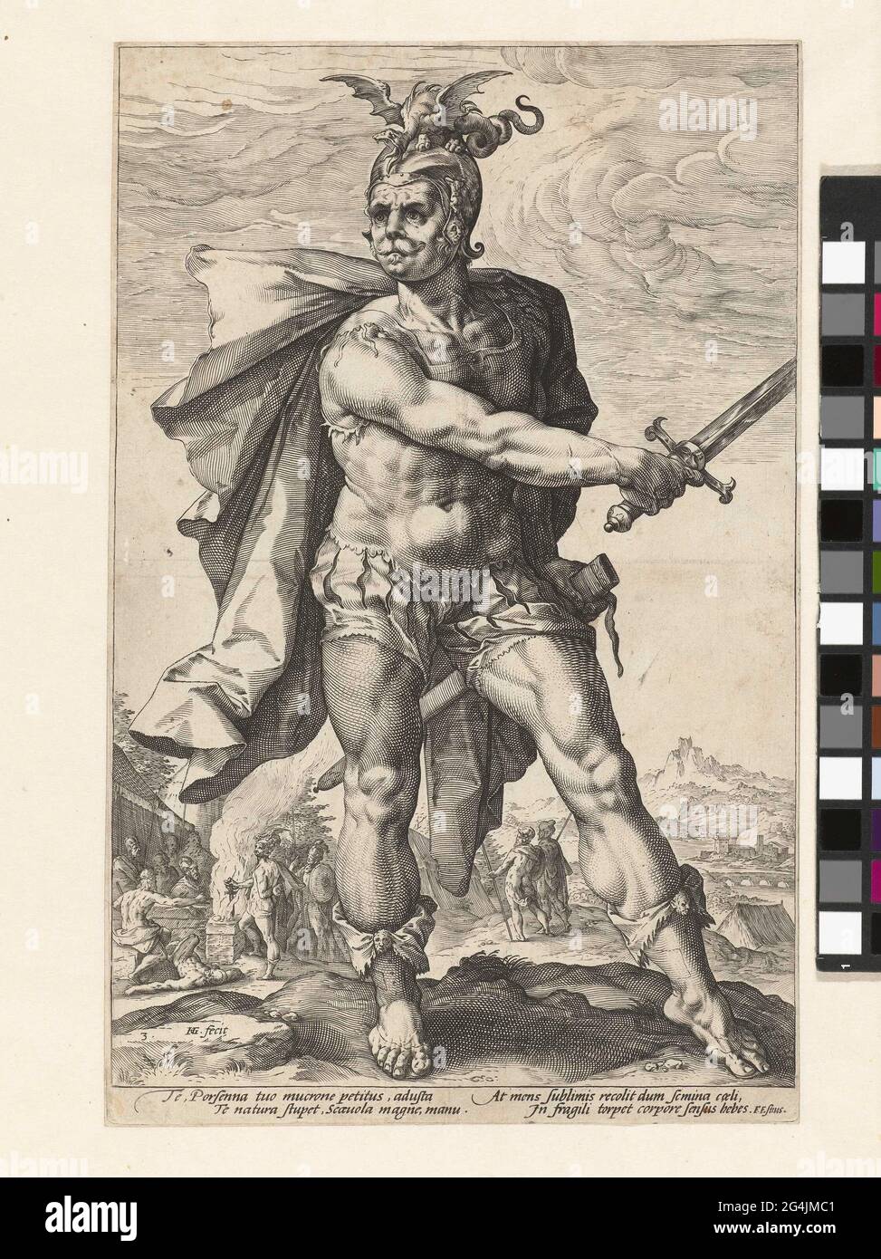. The Held Gaius Mucius Scaevola for feet, a sword in the right hand, the sheath in the left hand. In the background you can see how he protrudes his right hand before King Porna fearless. Under the show twice two fresh rules in Latin. This print is part of a series of ten prints, consisting of an unnumbered title print, eight numbered representations of heroes and an unnumbered concluding print. Stock Photo