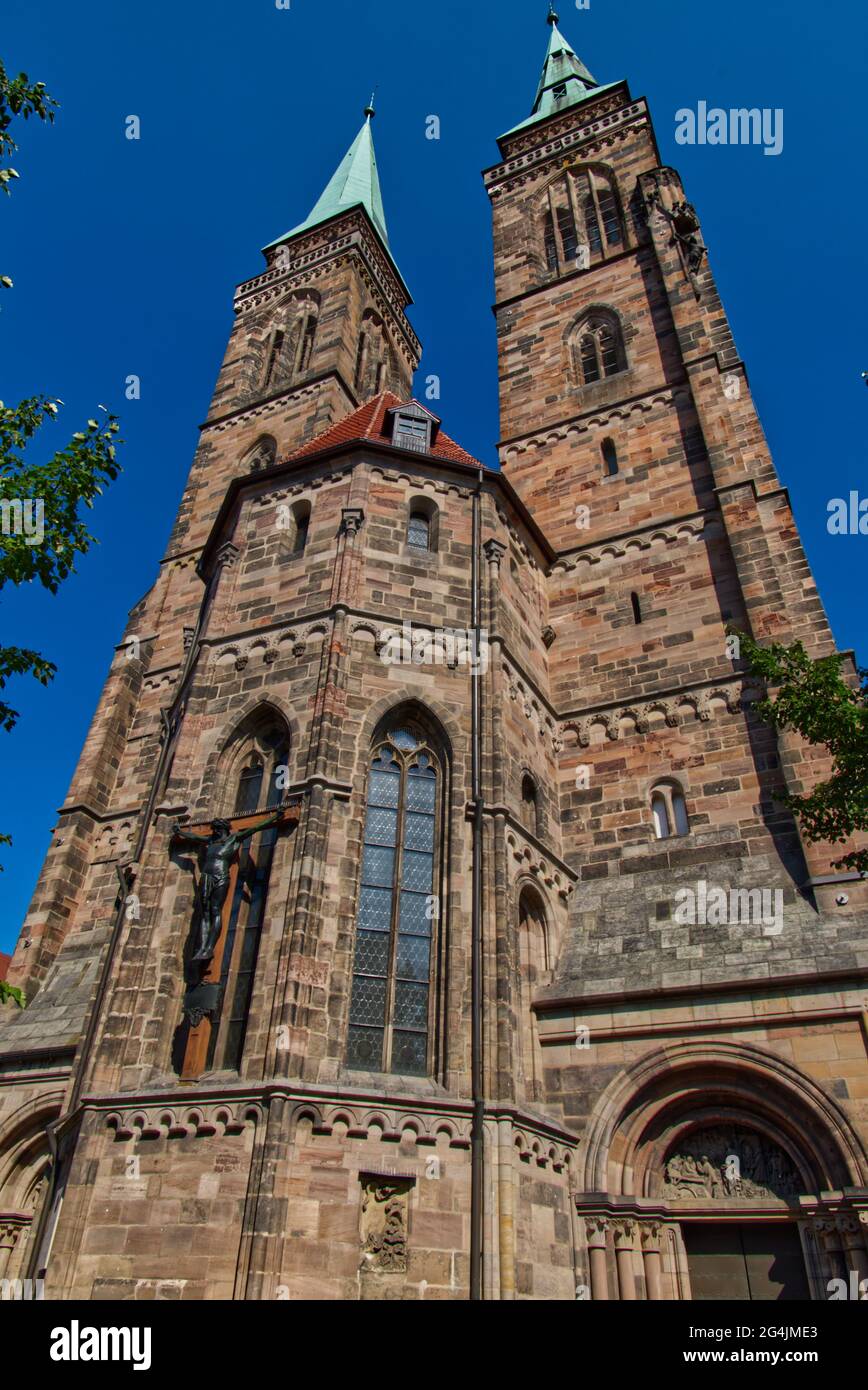 Low angle of St. Sebald medieval church of Nuremberg in Germany under ...