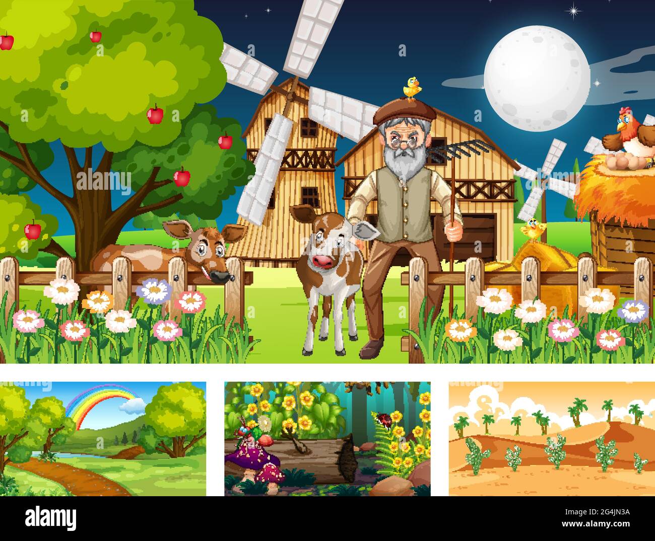 Four different nature horizontal scene  illustration Stock Vector