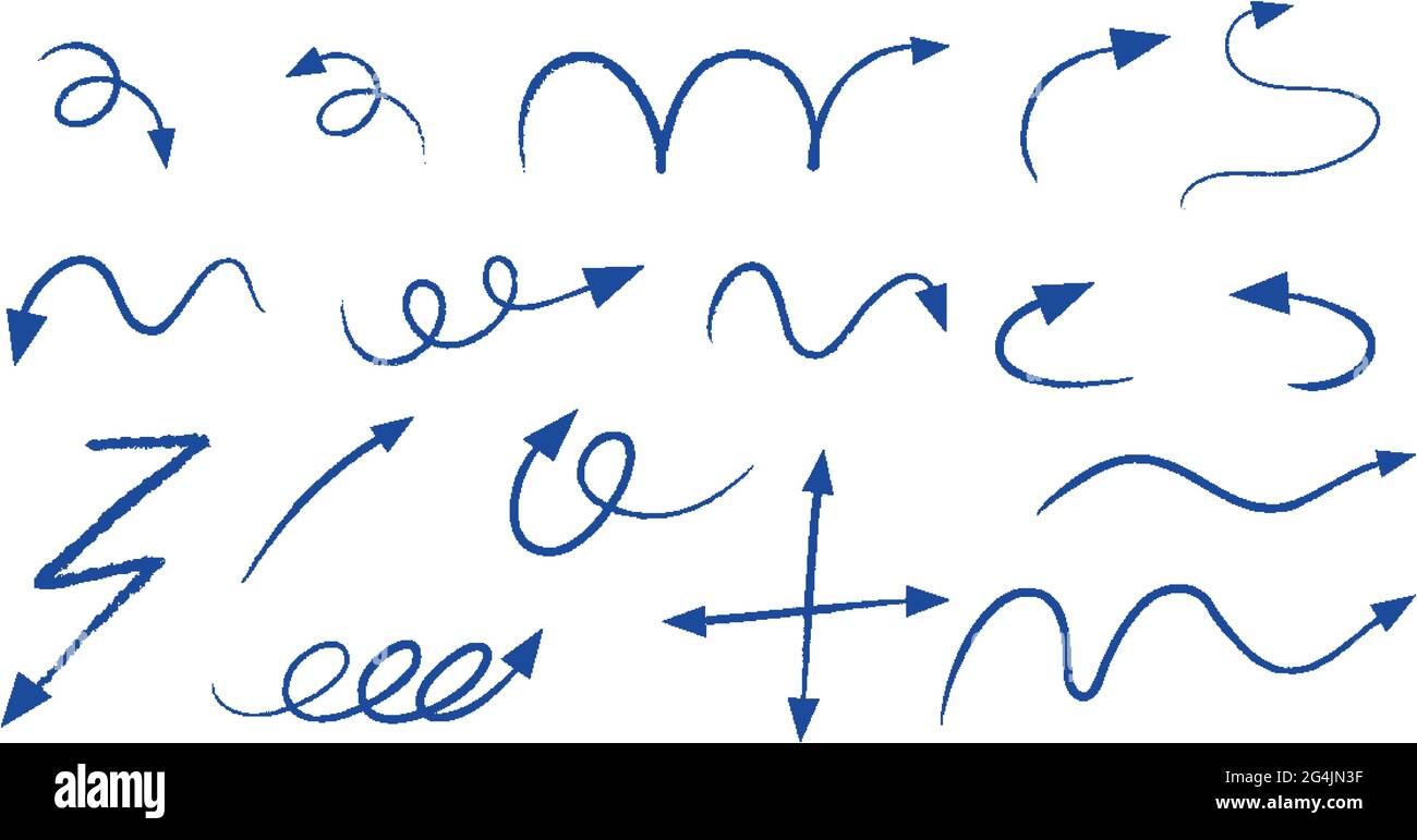Different types of blue hand drawn curved arrows on white background ...