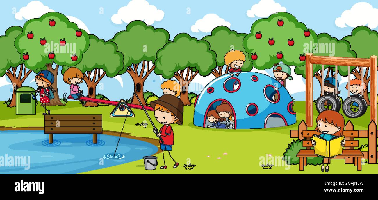 Outdoor scene with many kids playing in the park illustration Stock ...