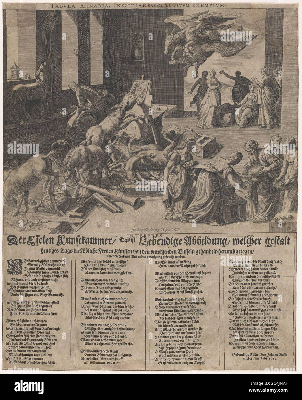 Donkeys destroy an art room; Van Eselen Kunstkammer, Das Ist Lebidige Abbildung, Welcher Gestalt Heutiges tags that Löbliche Freyen Künsten von den Unwissen Buffeln Handlet, Herumb sucked (...). Allegory on the decayation of appreciation for the arts and sciences. A horde donkeys destroyed the attributes of the liberal arts in an art room. A donkey tears a drawing in half with its mouth. Another bites in a recorder, a third tramples a globe. At the front right, the personnifies of the free arts and a poet a donkey wash the ears. From the large entrance door, two winged solids will flown into t Stock Photo
