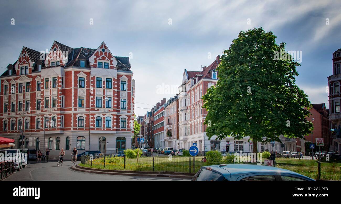 HANNOVER, GERMANY. JUNE 19, 2021. Beautiful view of german city with typical architecture. Ring road on the square. Stock Photo