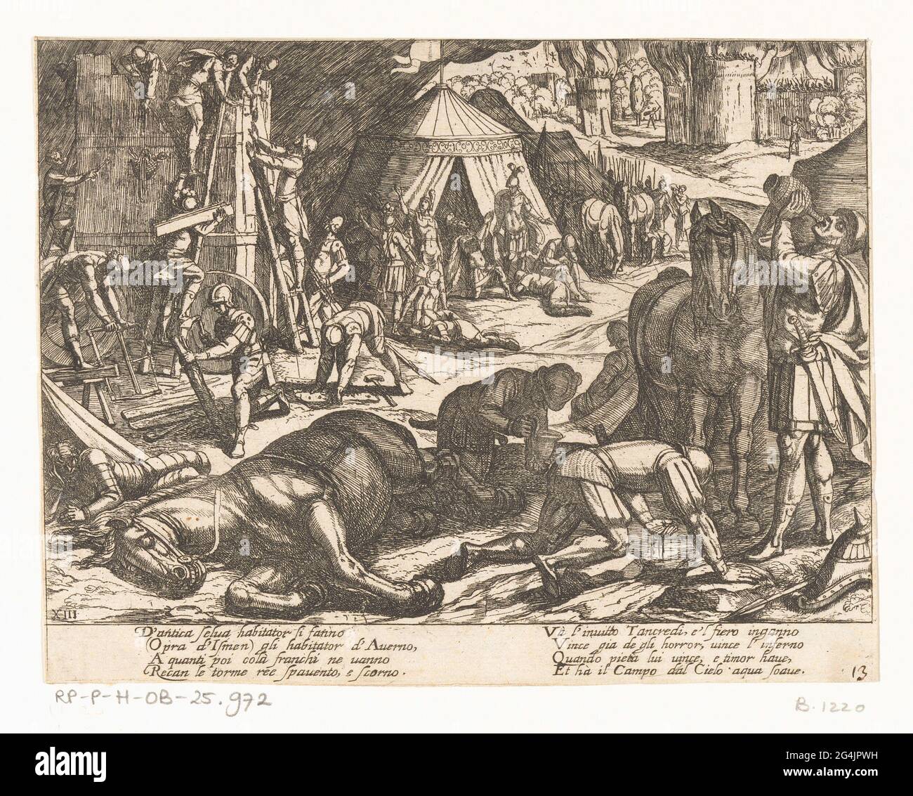Illustration at Canto XIII of TASSO's 'Gerusalemme Liberata'; Jerusalem is relieved (part 2); Gerusalemme Liberata (part 2). Night scene in a military camp with sleeping soldiers and horses. Other soldiers build a combat tower. In the background the burning Jerusalem. Italian rules by tasso in two columns in undermarge. Stock Photo