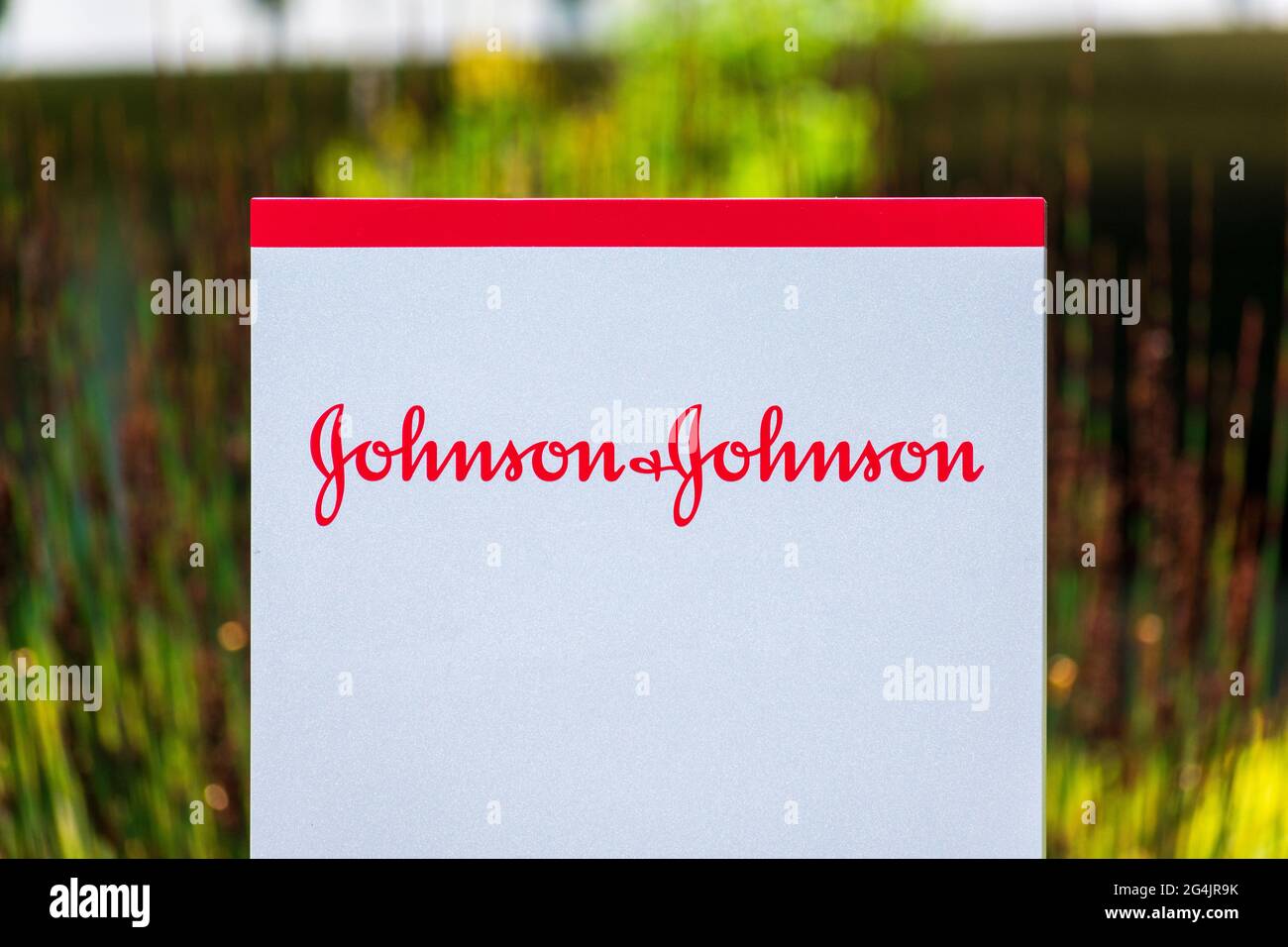 Johnson and Johnson sign, logo at an American multinational corporation office. The company develops medical devices, pharmaceuticals, and consumer pa Stock Photo