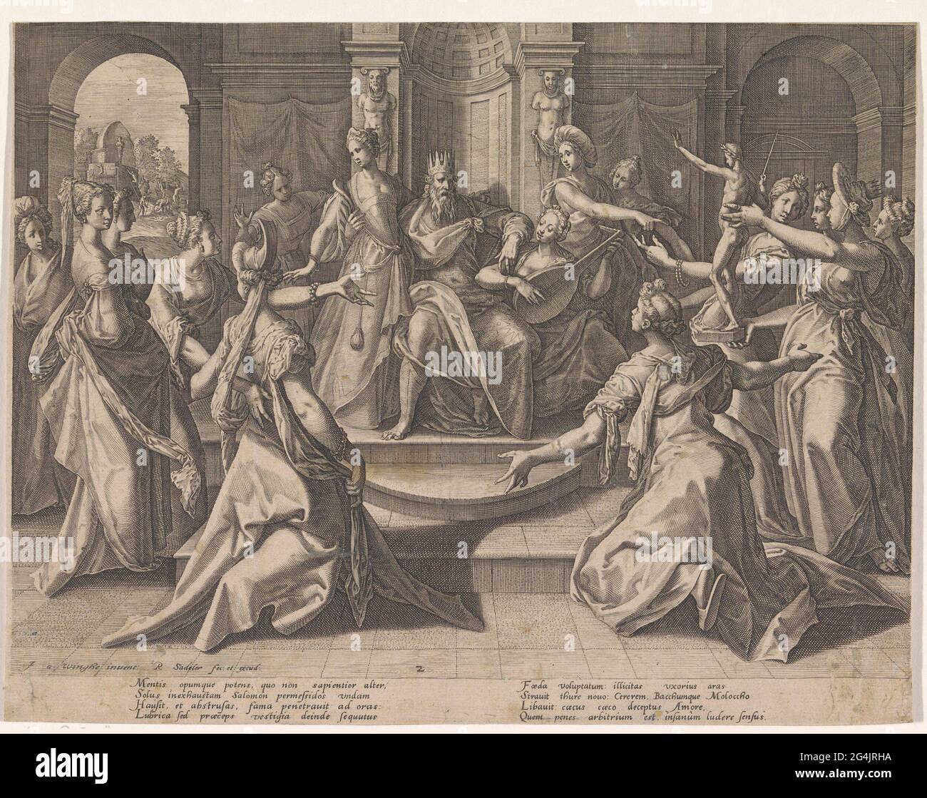 Solomo's idolatry; About the power of women. King Salomon is sitting on his  throne surrounded by a group of elegantly dressed women. One of them plays  the lute. Another woman holds him