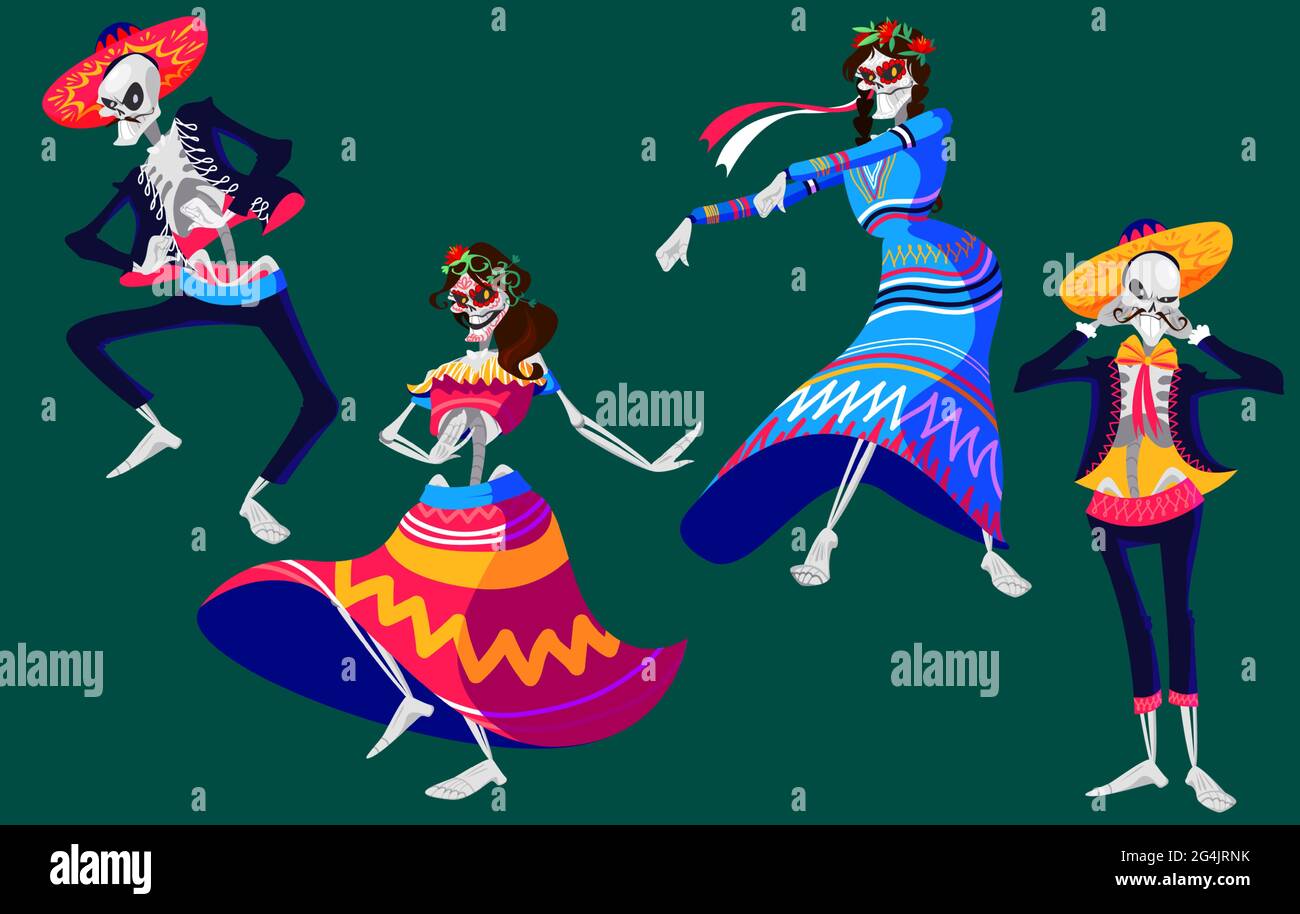 Mexican Day of the dead, Dia de los muertos skeletons characters dancing. Catrina or mariachi musicians sugar skulls decorated with floral elements. Halloween holiday party Cartoon vector illustration Stock Vector