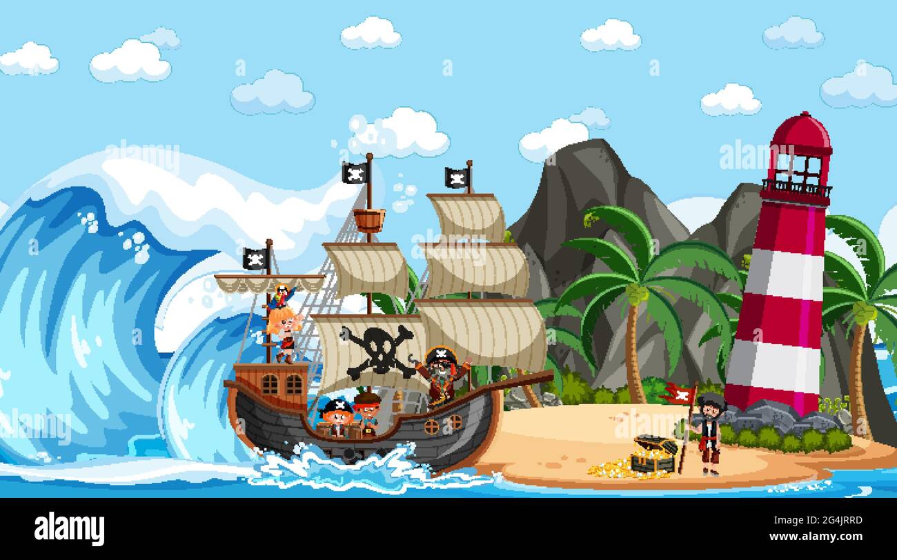 Beach with Pirate ship at daytime scene in cartoon style illustration ...