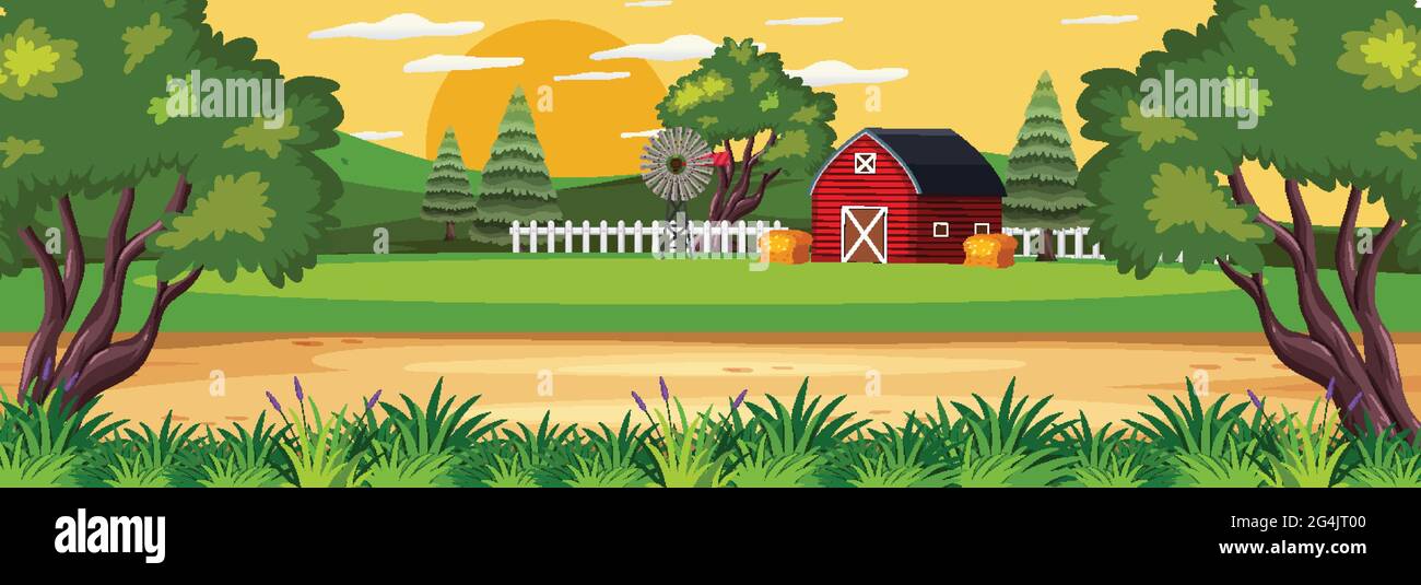 Farm horizontal landscape scene with red barn illustration Stock Vector ...