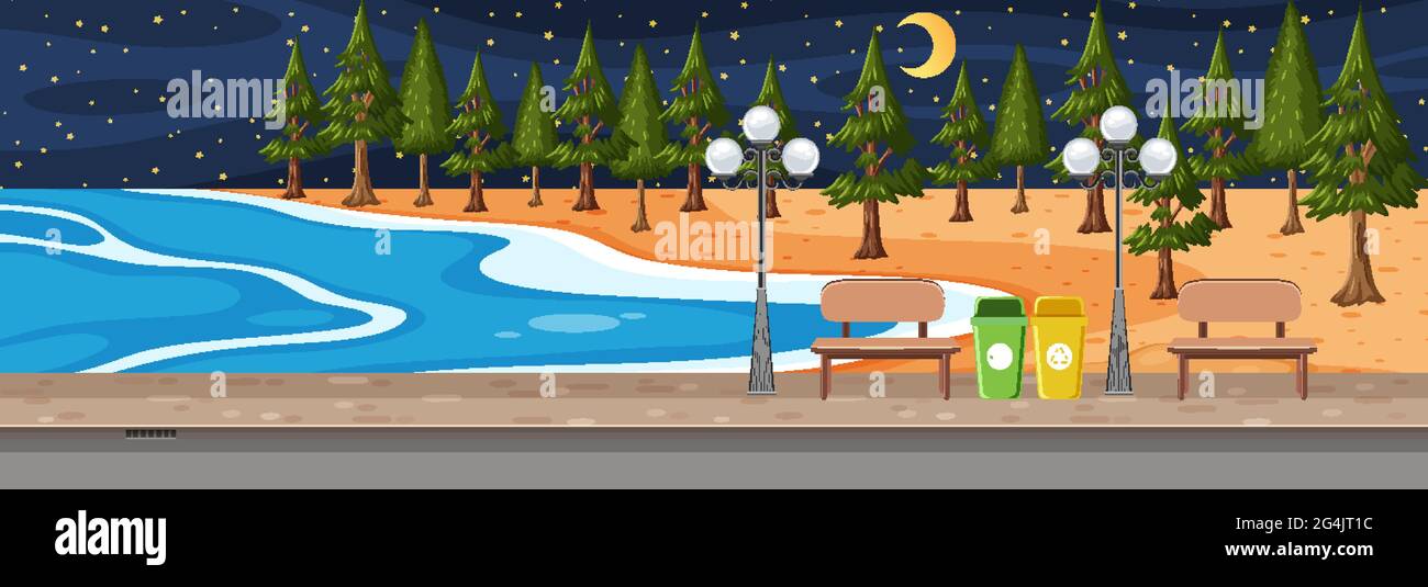 Beach park horizontal scene at night time illustration Stock Vector ...