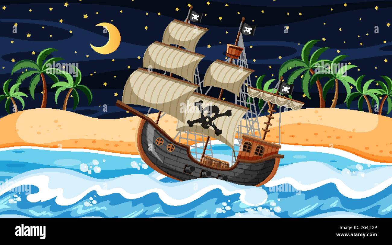 Beach scene at night with Pirate ship in cartoon style illustration ...