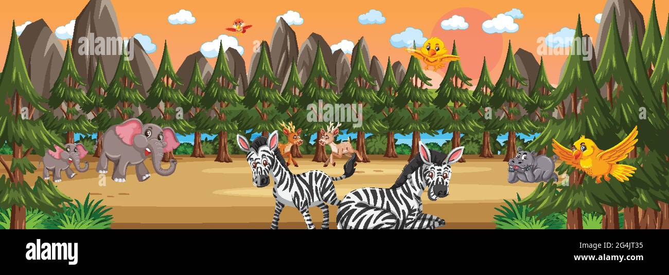 Forest panorama at sunset time scene with various wild animals ...
