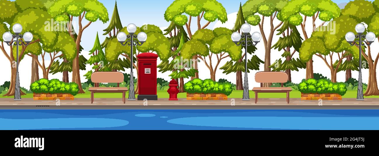 Park along the river horizontal scene at day time illustration Stock ...
