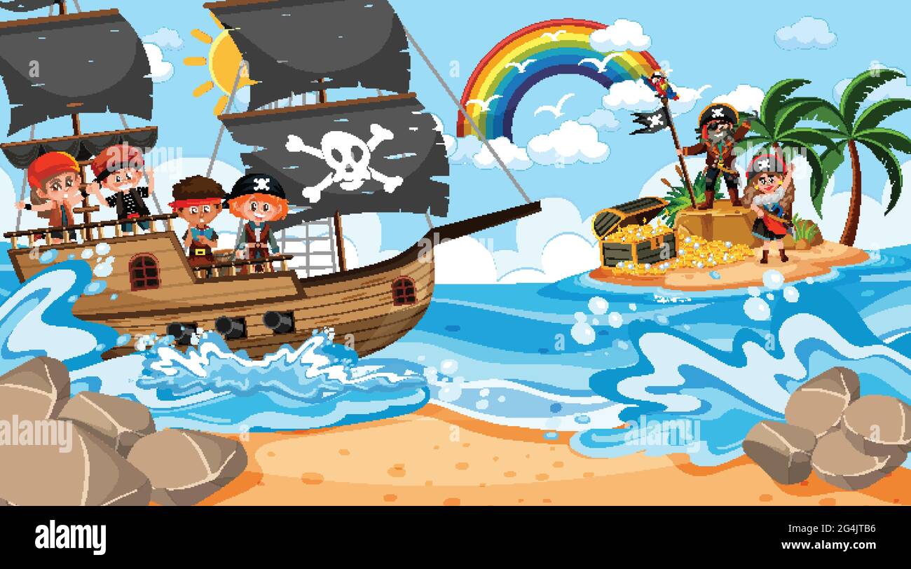 Treasure Island scene at daytime with Pirate kids on the ship ...