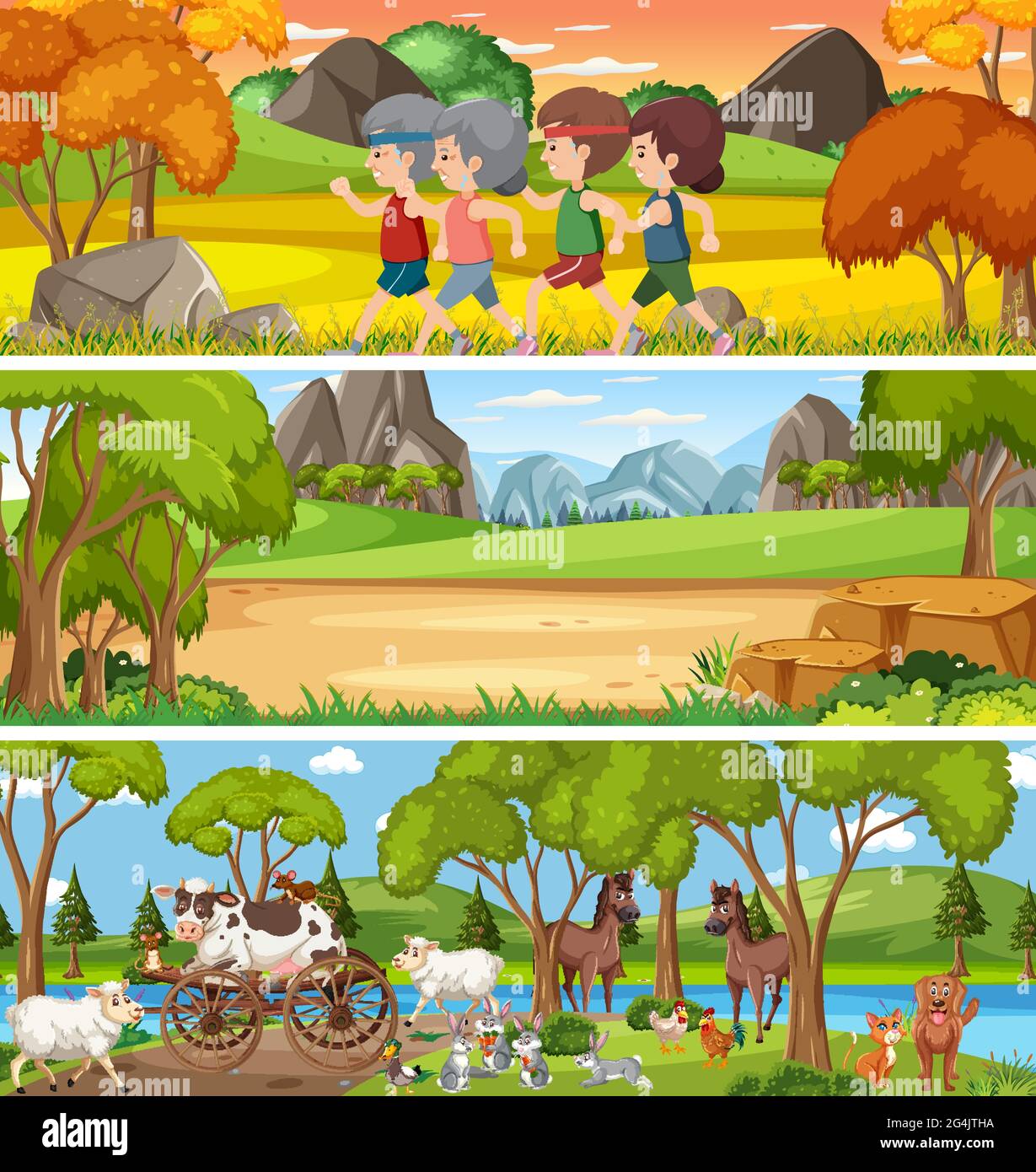 Different Nature Landscape At Daytime Scene With Cartoon Character