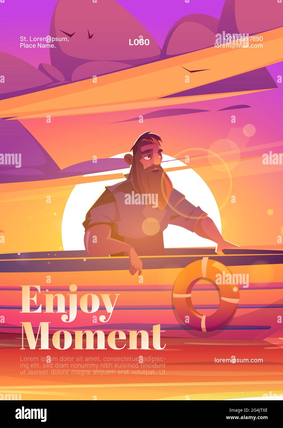 Enjoy moment poster with man in boat on sunset background. Vector flyer of tranquility rest at nature with cartoon illustration of lake, sun and person with beard in boat Stock Vector