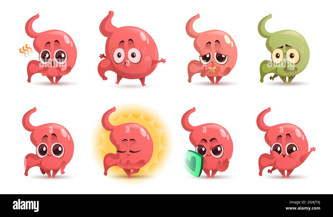 Cartoon stomach character, cute mascot with sword and shield, ulcer, stomachache, nausea and belching, Funny tummy swollen and hungry, relaxed meditating. Health care and medicine Vector icons set Stock Vector